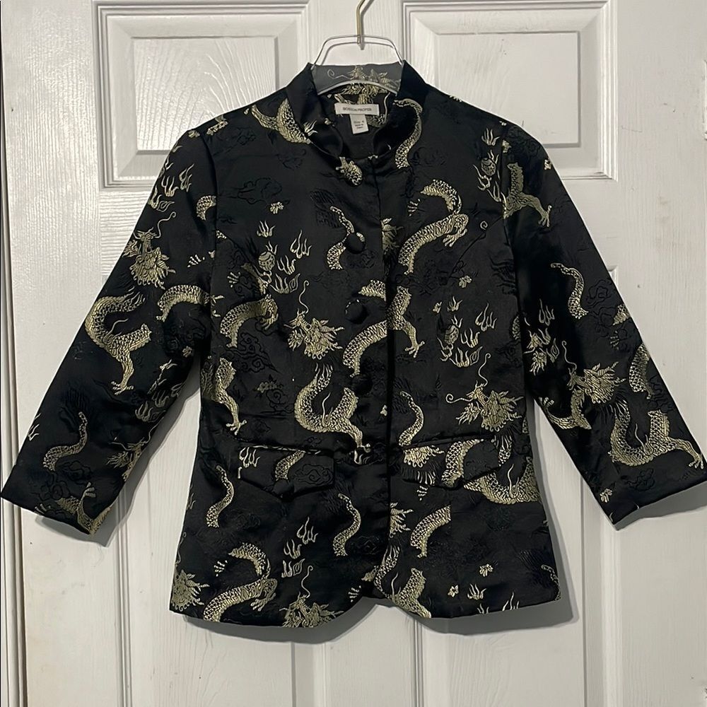 Boston Proper Mandarin Collar Dragon Satin Asian Print 
Button Front Blazer Sz 4
